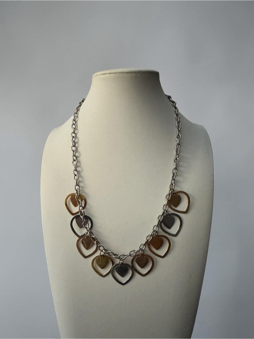 Vintage Milor Stainless Steel Tri-Tone Heart Bib Necklace
